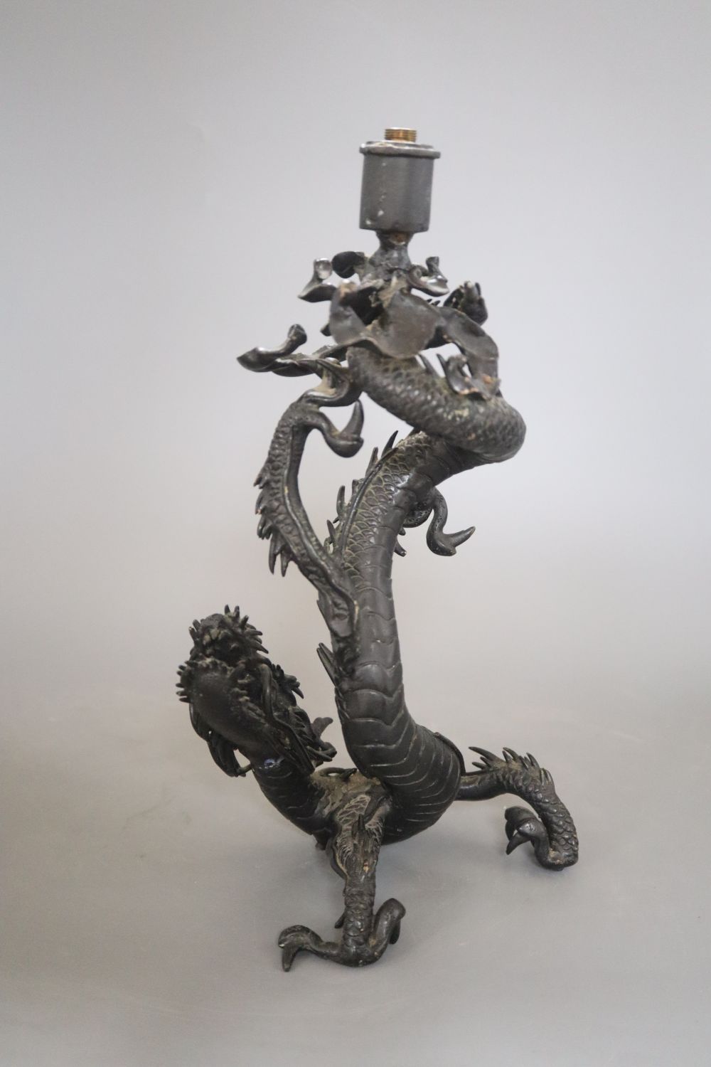 A Japanese bronze dragon figure converted to a lamp, overall height 32cm